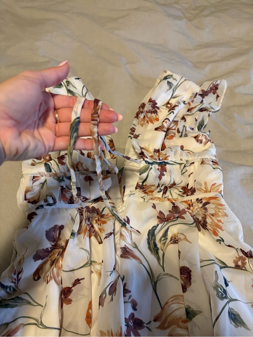 Lulu's Cream Floral Ruffle V-Neck Romper - Picture 11 of 16